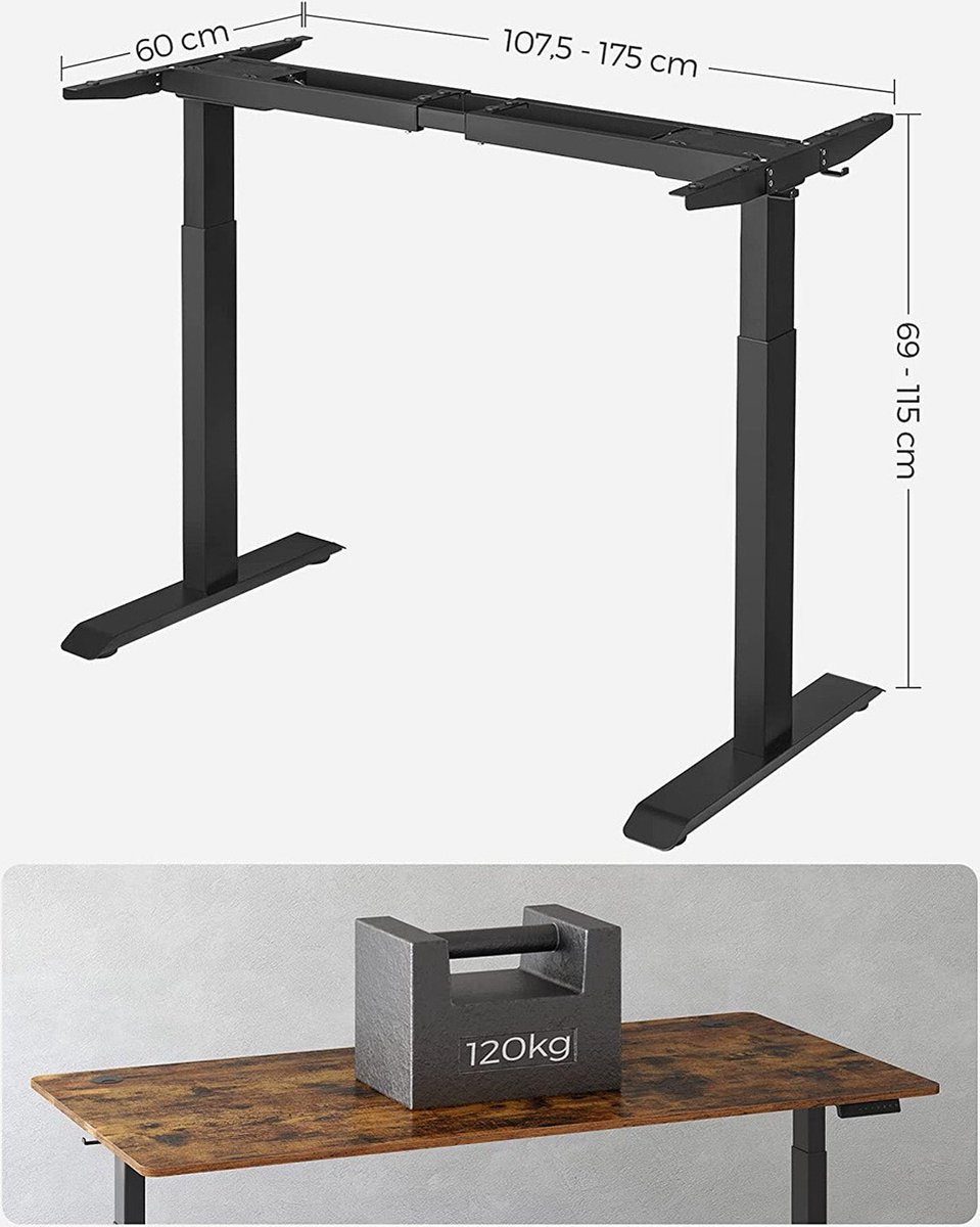 Duronic Staand Elektrisch Bureau TM51 BK, ALLEEN FRAME, Zit Sta Hoogte Verstelbaar Bureau 60-125cm, Ergonomische Werkplek, Geheugenfunctie, Enkele Motor, Zwart