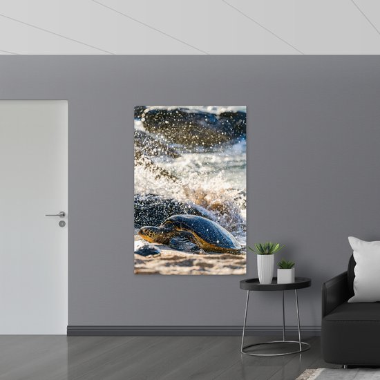 Acrylglas - Grote Schildpad in spetterend Zeewater - 100x150 cm Foto op Acrylglas (Met Ophangsysteem)
