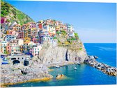 Acrylglas - Kleurrijke Huisjes in Nationaal Park Cinque Terre bij de Italiaanse Kust - 100x75 cm Foto op Acrylglas (Met Ophangsysteem)