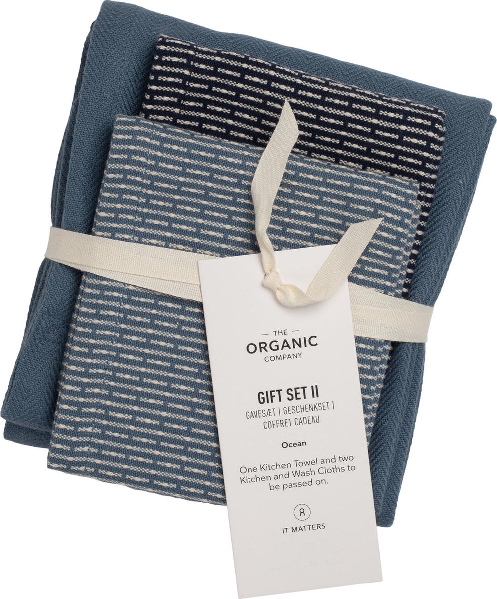 The Organic Company Gift Set - Keukendoek - Gift Set Theedoek & 2 Vaatdoeken - bio katoen - Kleur Ocean Blauw