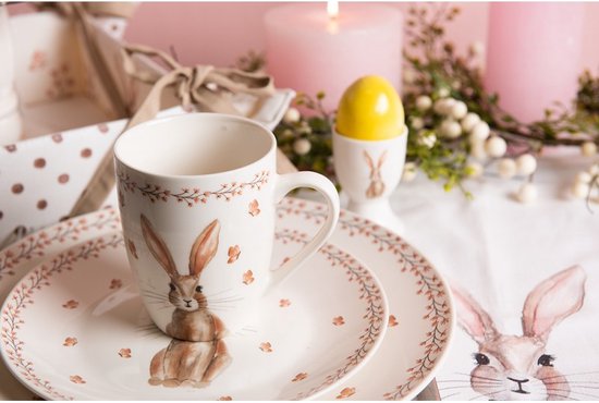 Clayre & Eef Chemin de table 50x160 cm Blanc Marron Coton Lapin