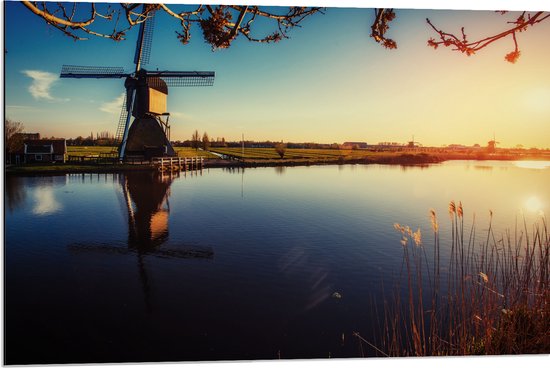 Dibond - Klassiek Bruine Molen aan het Water in Weiland in Nederland - 90x60 cm Foto op Aluminium (Wanddecoratie van metaal)