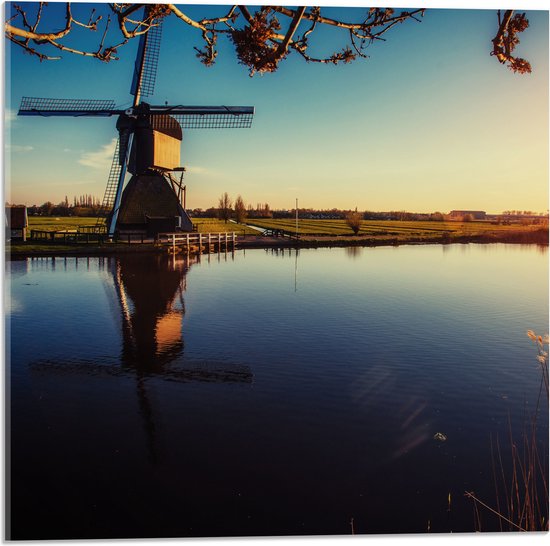 Acrylglas - Klassiek Bruine Molen aan het Water in Weiland in Nederland - 50x50 cm Foto op Acrylglas (Wanddecoratie op Acrylaat)