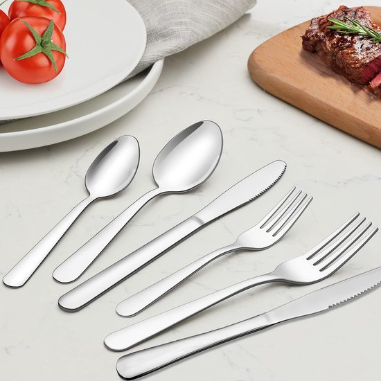 Perow 6 Persoons Bestekset – 36 Delig – 18/10 Edelstaal – Lepels, Messen, Vorken & Steakmessen – Vaatwasserbestendig – Zilver - Serviessets