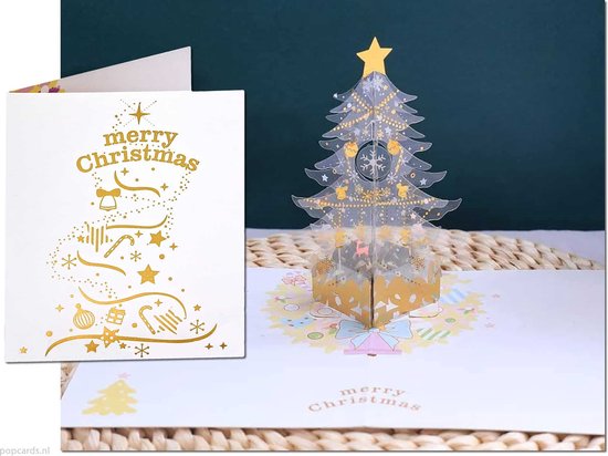 Popcards popup kerstkaarten - Kerstkaart Gouden Kerstboom met glanzende versieringen pop-up kaart 3D wenskaart