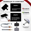 Instructies voor telefoonhoesje met lanyard: plaats pad door opening, sluit telefoon aan. Toont lanyards en telefoonplaten.