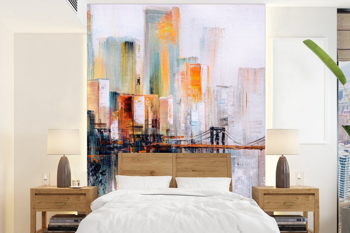 Behang - Fotobehang Olieverf - Schilderij - Skyline - Abstract - Breedte 195 cm x hoogte 260 cm
