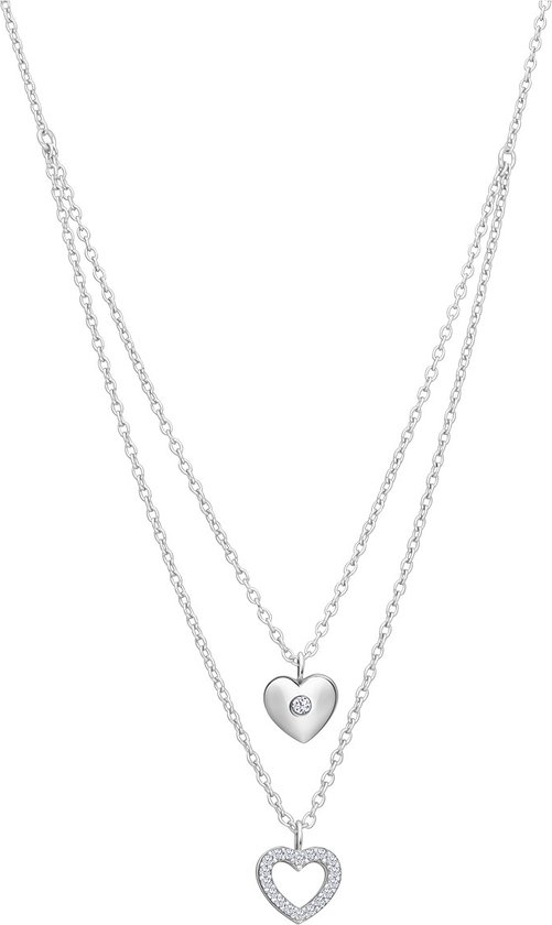 Lucardi Dames Zilveren layering ketting hart zirkonia - Ketting - 925 Zilver - Zilverkleurig - 45 cm