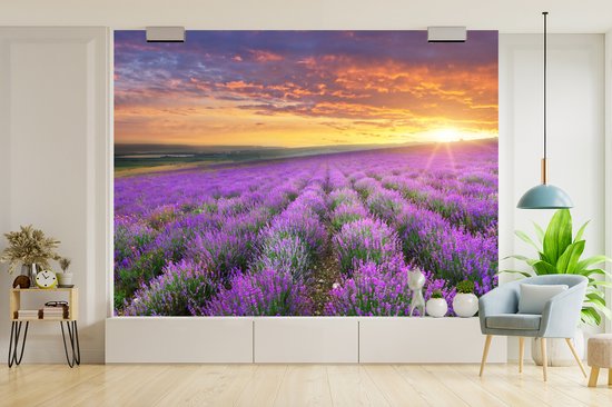 Behang - Fotobehang Lavendel - Wolken - Lente - Breedte 375 cm x hoogte 280 cm