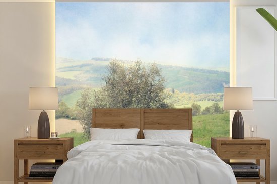 Papier peint photo peint photo Olijfboom - groupe de moutons près de l'olivier Papier fotobehang photo vinyle largeur 220 cm x hauteur 220 cm - Tirage photo sur papier peint vinyle (disponible en 7 tailles) - chambre / salon / bureau