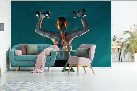 Papier peint Papier peint photo en vinyle - Une femme tient deux poids pendant le fitness largeur 390 cm x hauteur 260 cm - Tirage photo sur papier peint (disponible en 7 tailles)