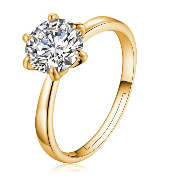 Ring dames | verlovingsring | gold plated ring dames | ronde Zirkonia steen | zilver 925 plated | one size ring | verstelbare ring | cadeau voor vrouw | liefdescadeau | valentijn | valentijnscadeautje