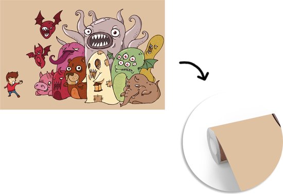 Papier peint Papier peint photo en vinyle - Monstres absurdes avec un garçon effrayé largeur 420 cm x hauteur 280 cm - Tirage photo sur papier peint (disponible en 7 tailles)