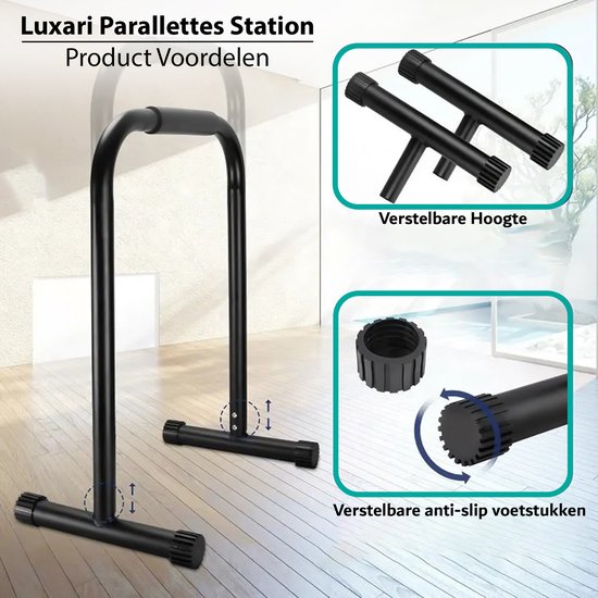 Luxari - Verstelbare Parallettes Pro - 80-90 cm hoogte - Anti-slip - Dip bar - Dip station - Krachtstation - Zwart - Luxari