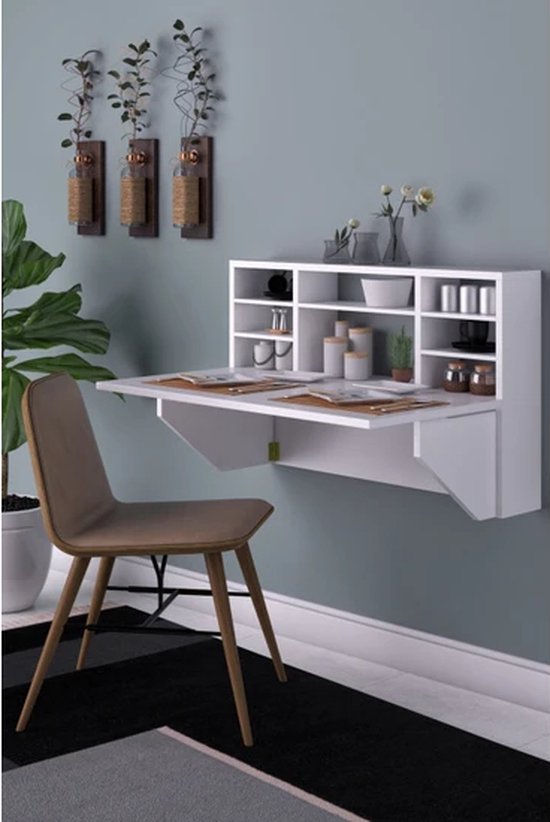 SNS Home - Draagbare Planktafel - Kardelen Tafel - Wandtafel - Inklapbaar - Wandbureau - Inklapbare Wandtafel - Keukentafel - Wandkast - Vouwtafel - Klaptafel - 90x50 cm - Wit