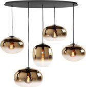 Zwarte ovale eettafellamp | 5 lichts | goud / amber / zwart | glas / metaal | in hoogte verstelbaar tot 130 cm | 100 cm breed | eetkamer / eettafel lamp | modern / sfeervol design
