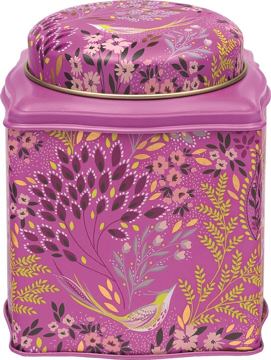 Boîte rose ornée de fleurs et d'oiseaux dans les tons violet, rose et jaune.