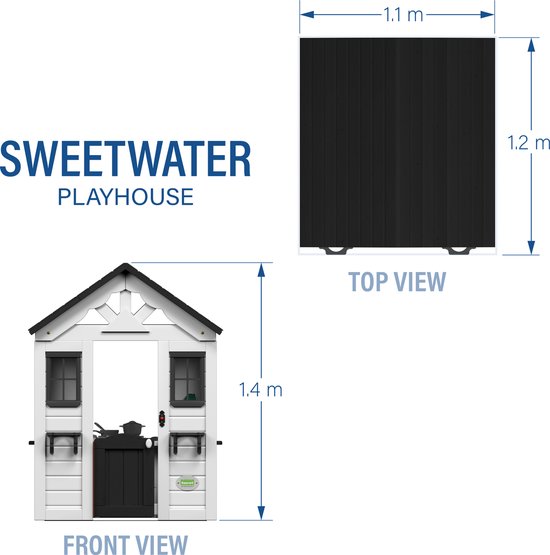Afmetingen van het Sweetwater speelhuis: 1.4m hoog, 1.1m breed, 1.2m diep. Zijaanzicht met afmetingen.