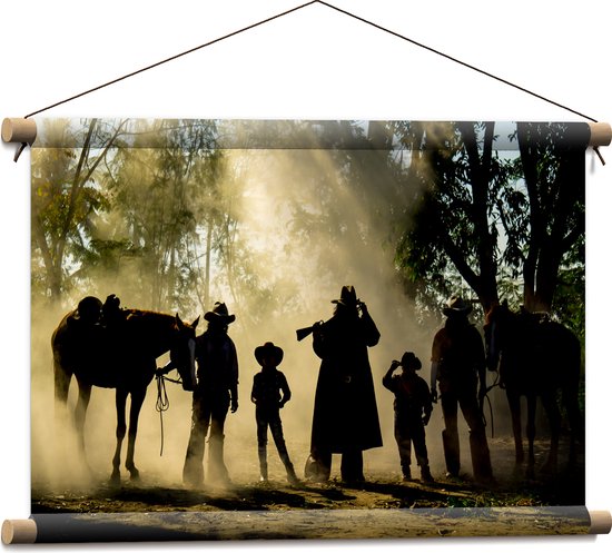 Textielposter - Familie Cowboys met Paarden in het Bos - 60x40 cm Foto op Textiel