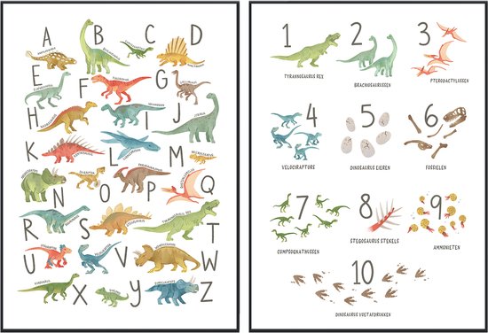 No Filter - 2 posters - Dinosaurus poster set - 30x40 cm (A3 formaat) - Alfabet poster - Cijfer poster - Nummers - ABC - Educatieve poster