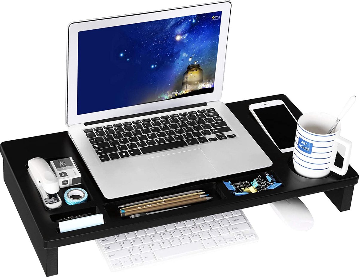 Monitor Verhoger Standaard - Laptop Beeldschermverhoger - Bureau Beeldscherm Verhoging - Hout - Zwart