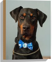 WallClassics - Hout - Hond met Blauwe Strik - 30x40 cm - 9 mm dik - Foto op Hout (Met Ophangsysteem)