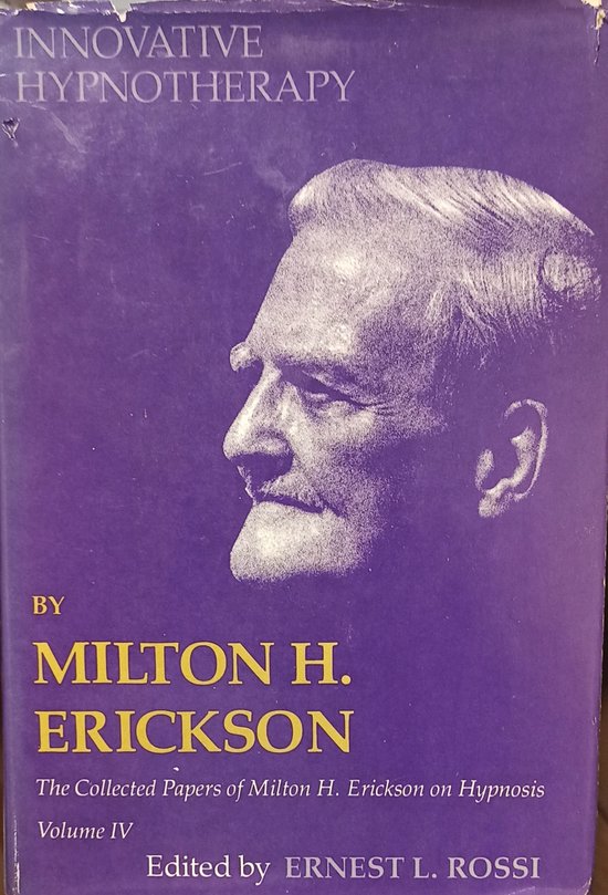 Paarse cover met "INNOVATIVE HYPNOTHERAPY" en een portret van Milton H. Erickson.