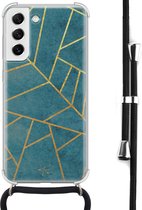 Hoesje met koord geschikt voor Samsung Galaxy S21 FE - Abstract blauw - Inclusief zwart koord - Crossbody beschermhoes - Transparant, Blauw - Mooie Telefoonhoesjes