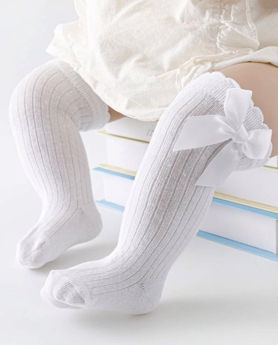Chaussettes hautes Bébé avec nœud blanc - 0-6 mois - cadeau maternité