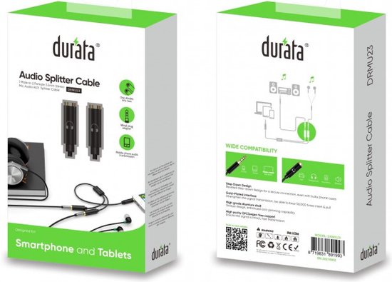 Durata - Audio Splitter Kabel - 1 male naar 2 female 3.5mm Stereo