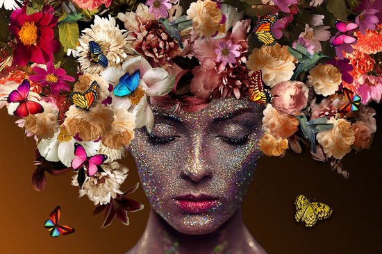 Peinture sur verre femme - visage aux papillons / fleurs - jaune, noir et rouge - 120 x 80 cm - art photo - salon / chambre