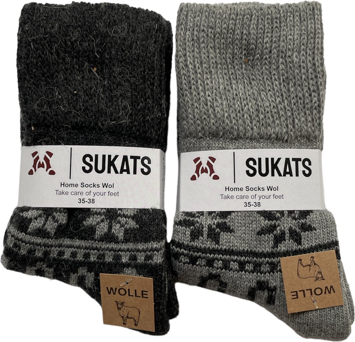Sukats® Huissokken - Noorse Wollen Sokken - Homesocks - 2 Paar - Maat 35-38 - Zwart/Grijs - Wol - Warm - Winter - Dames