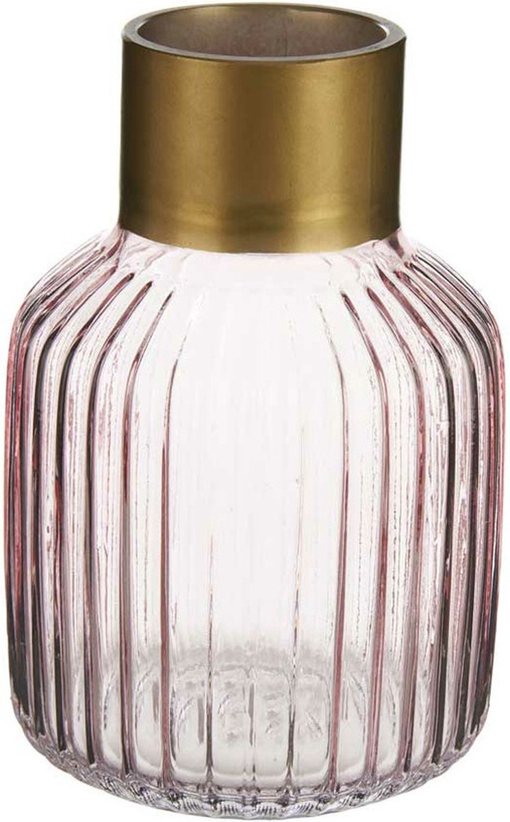 Giftdecor Bloemenvaas - Decoratie glas - roze transparant/goud - 12x18 cm - vaas