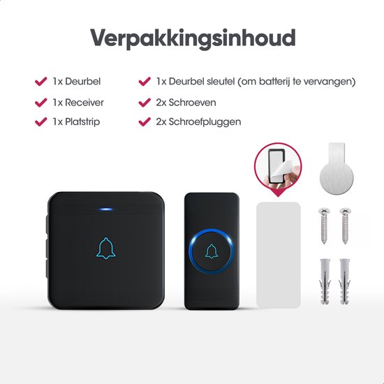 AVANTEK Draadloze deurbel met 1 ontvanger - Zwart - Bereik 400 meter - Waterdicht - Ontvangers zonder batterijen - 52 melodieën