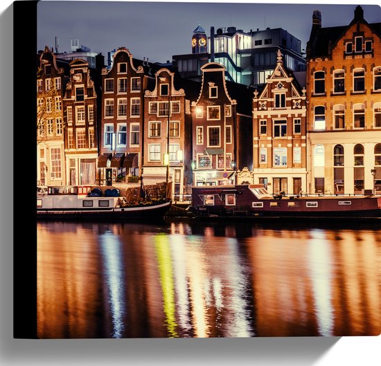 Canvas - De Grachten van Amsterdam in de Avond in Nederland - 30x30 cm Foto op Canvas Schilderij (Wanddecoratie op Canvas)