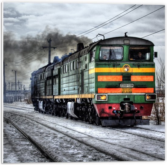 WallClassics - Plaque de Mousse PVC - Locomotive Sroom Multicolore dans la Neige - Photo 50x50 cm sur Plaque de Mousse PVC