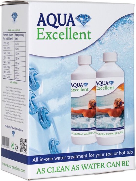 Doos Aqua Excellent met gebruiksaanwijzing in meerdere talen, en afbeelding van twee flessen en vrouwen in bubbelbad.