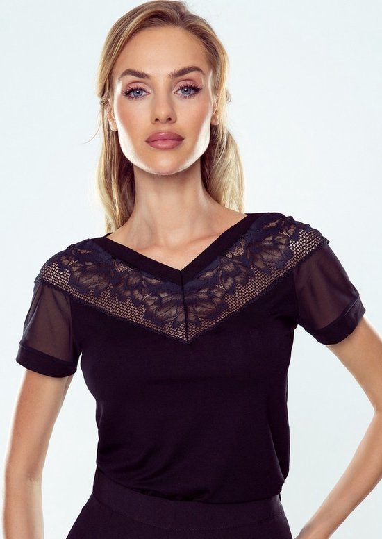 Gusta - blouse met V-hals van Eldar- zwart met tiule en kanten L