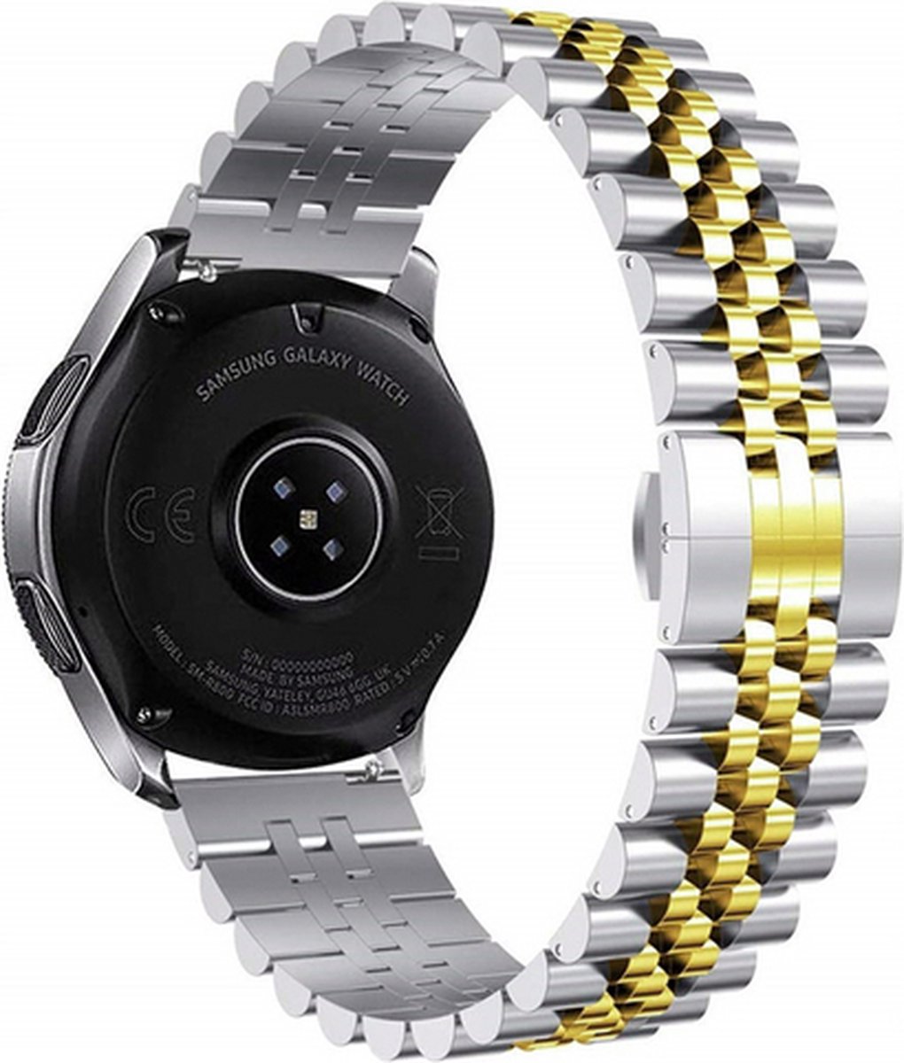 By Qubix - Stalen band 20mm - Zilver / goud - Geschikt voor Samsung Galaxy Watch 7 (40 & 44mm) - Galaxy Watch FE - Galaxy Watch 6 - Galaxy Watch 6 Pro - Galaxy Watch 5 - 5 Pro - Galaxy Watch 4 - 4 Classic - Active 2 - Watch 3 (41mm)