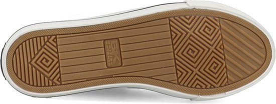 Onderkant van een zwarte sneaker met een bruin loopvlak met ruitpatroon en een wit "BK" logo.