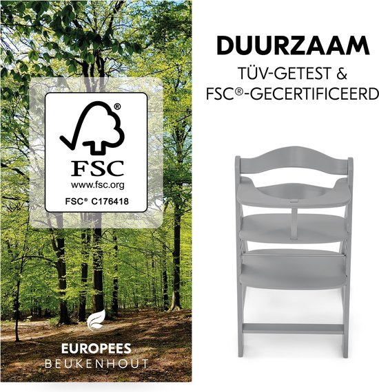 FSC-gecertificeerd beukenhout: duurzaam en getest, met een afbeelding van een grijze kinderstoel.