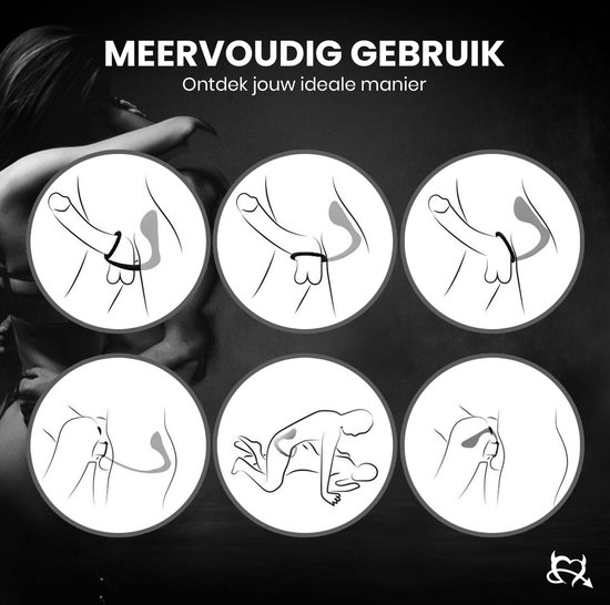 Illustraties van verschillende manieren om de prostaatstimulator te gebruiken. 'Meervoudig gebruik'.