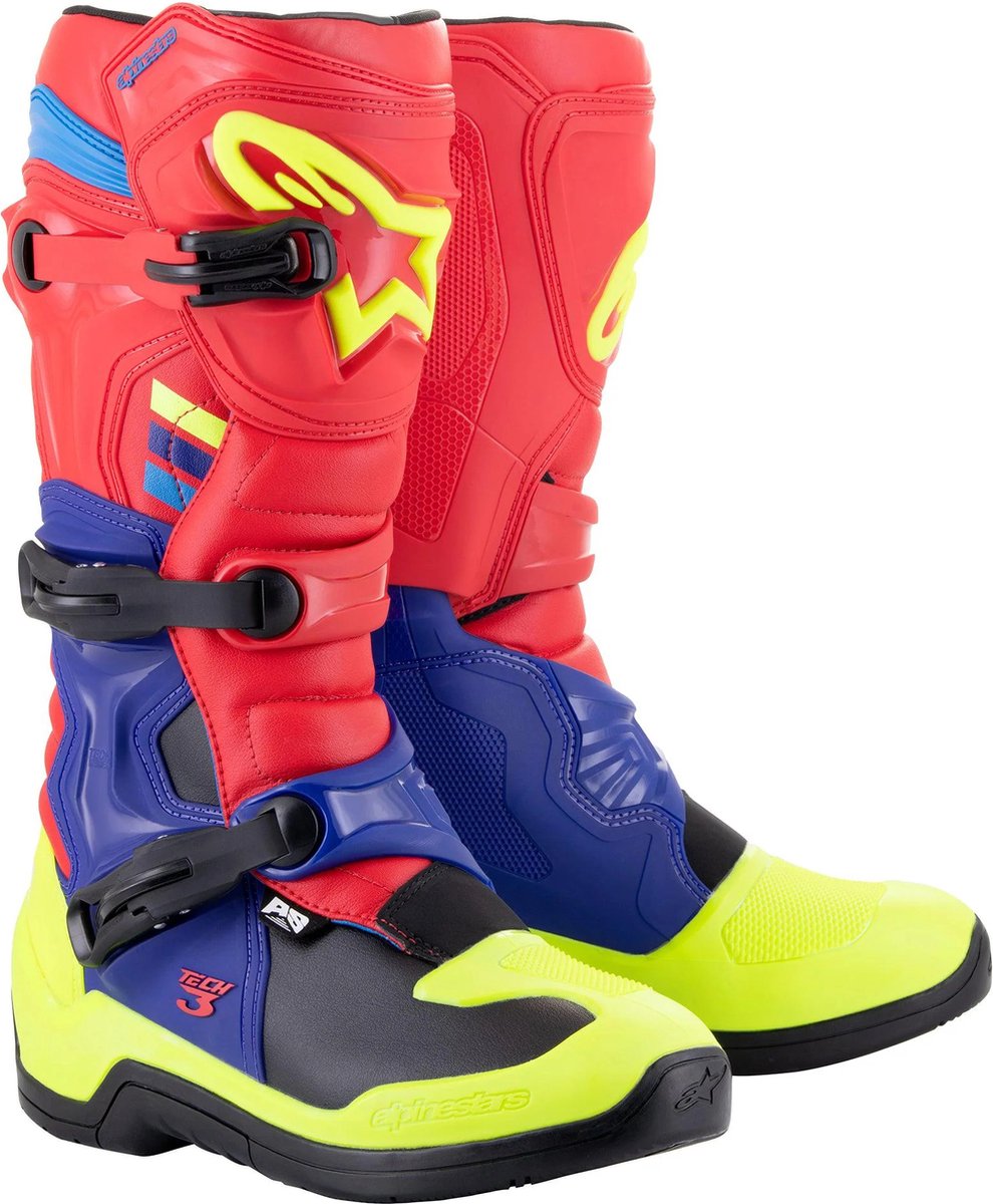 Alpinestars Tech 3 Felrood Donkerblauw Geel Fluo - Maat 43