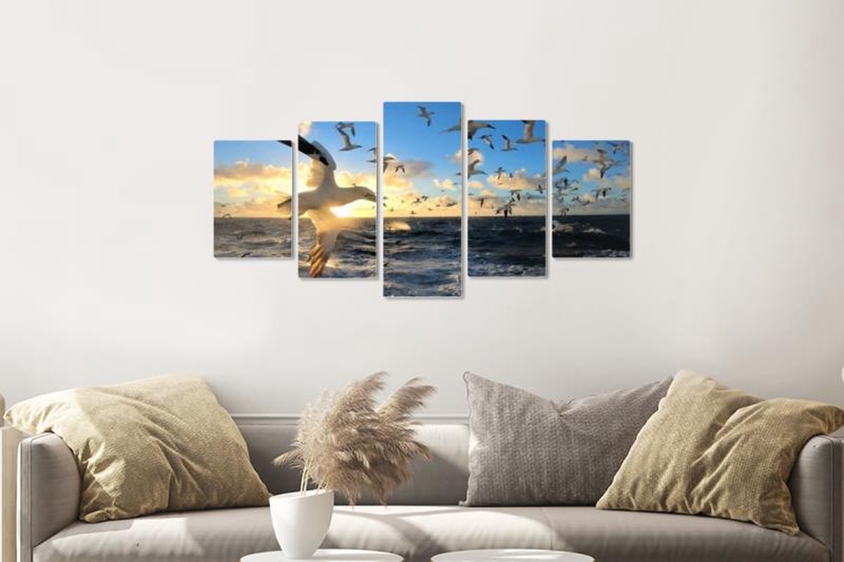 wanddecoratie - meerluik (canvas) - Souvenirs from the sea - 5-luik - 150x80 cm - Canvas Schilderij - prachtige Zonsondergang op Zee - zeevogel - Pedro Rappé