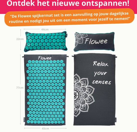 Flowee Spijkermat & spijkerkussen SET - Grijs met Zeegroen (77x45+22x44cm) - Acupressuur Mat - Spijkerbed - Acupunctuur - Shakti Massage - Flowee