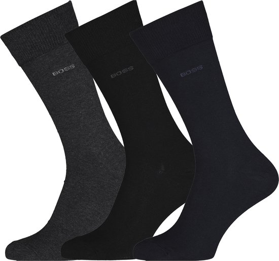 BOSS regular socks (3-pack) - herensokken katoen - zwart - grijs en blauw - Maat: 43-46