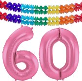 Folat folie ballonnen - Verjaardag leeftijd cijfer 60 - glimmend roze - 86 cm - en 2x feestslingers