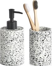 Zeller badkamer accessoires set 2-delig - kunststeen - terrazzo - wit