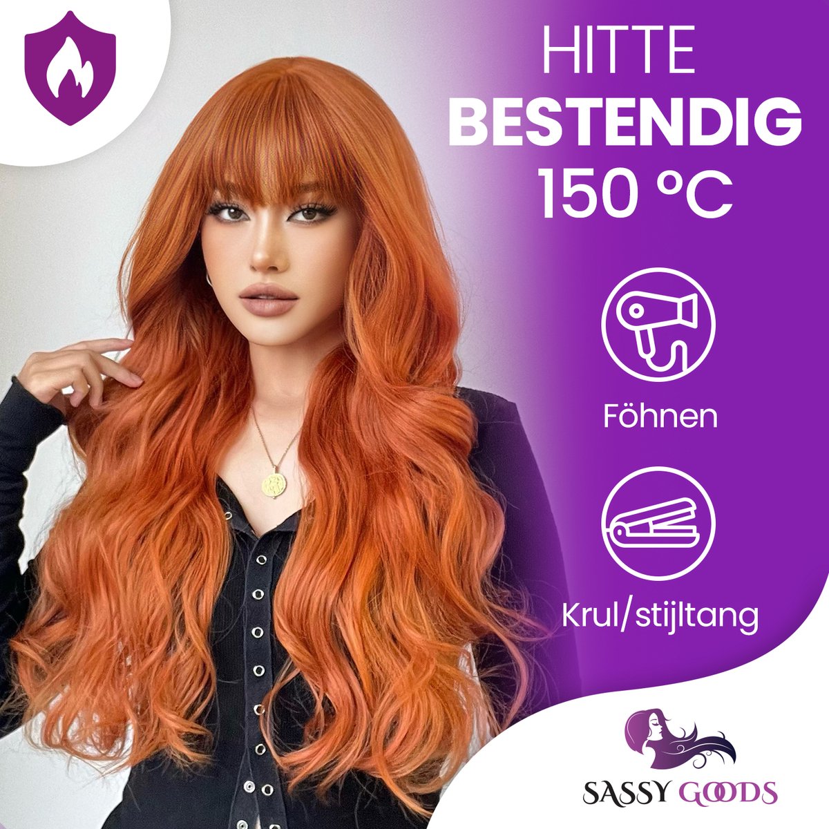 SassyGoods Koper Rode Oranje Pruik met Pony WK - Pruiken Dames Lang Haar - Haarwerk - Wig - Ginger Rood - 70 cm — afbeelding 10