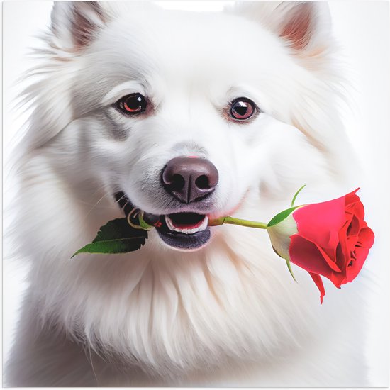 Poster (Mat) - Romantische Eskimo Hond met Roos tegen Witte Achtegrond - 80x80 cm Foto op Posterpapier met een Matte look